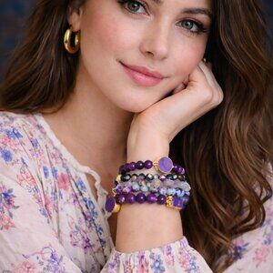 5 Piece Amethyst Crystal Purple Geode Beaded Bracelet Set Boho Stack Jewelry Gif